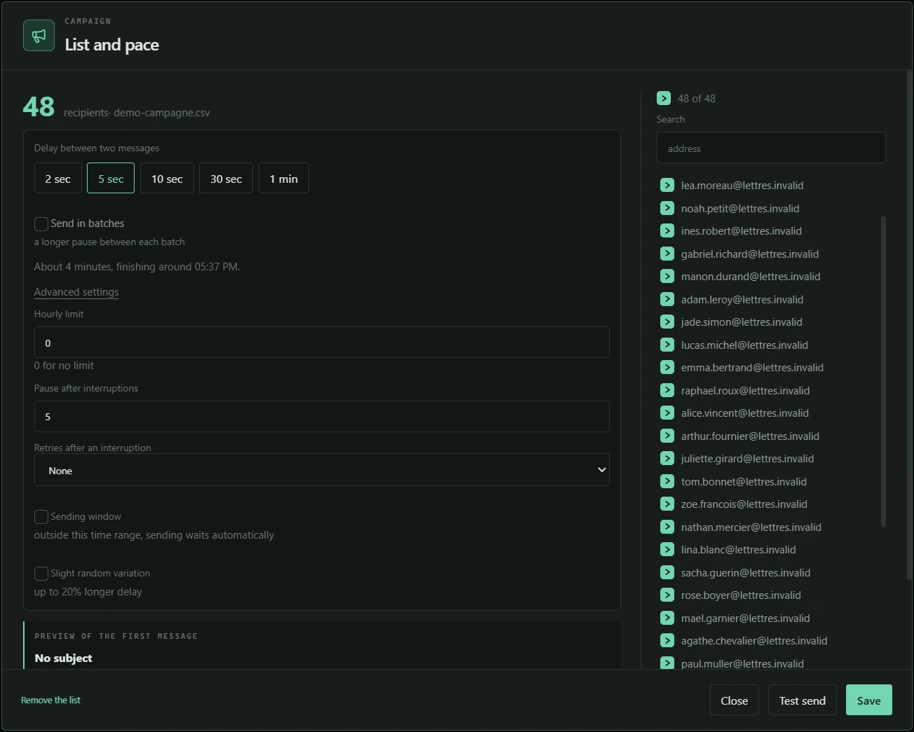 Recipients, variables and send settings in campaign mode.