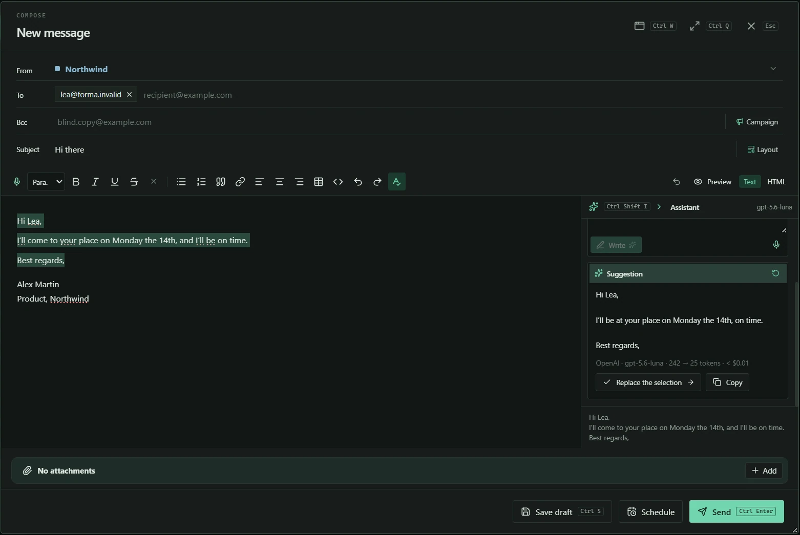 The composer and its AI panel work side by side.