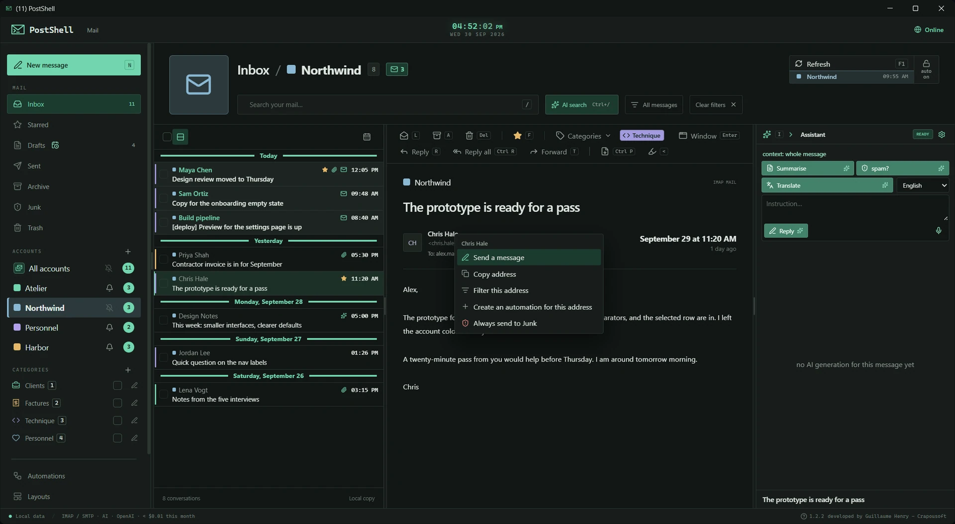 The cockpit brings together folders, list, reader and assistant.