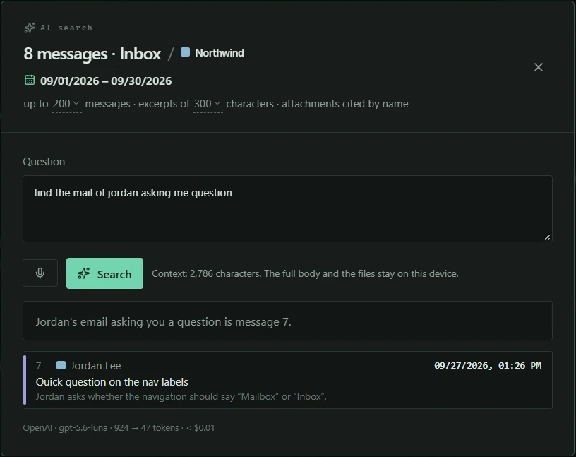 AI search: questions and results from your mail.