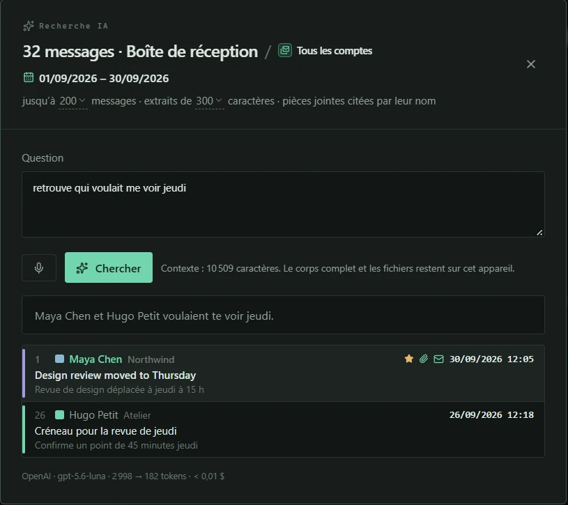 Recherche IA : questions et résultats dans vos mails.