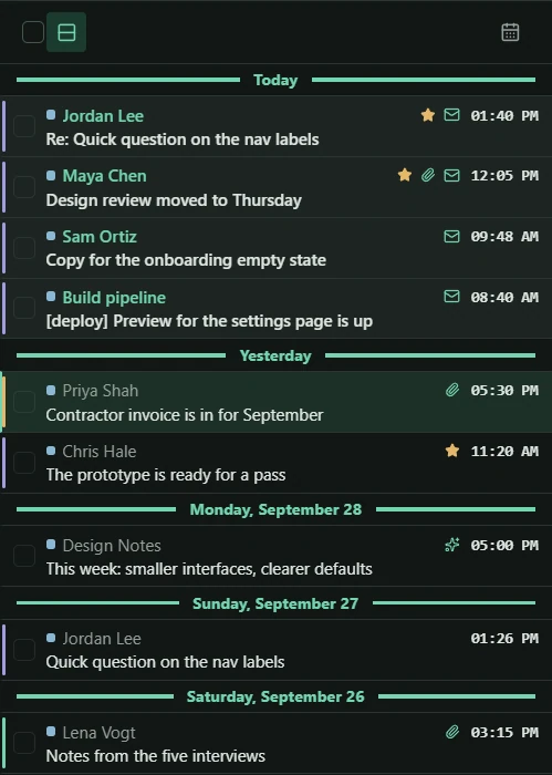 Day separators give your message list a clear timeline.